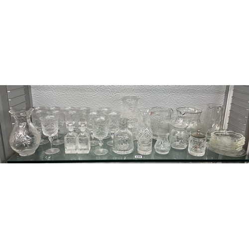 240 - SHELF OF CUT GLASS AND ETCHED FLORAL GLASSWARE INC. HURRICANE LAMP, DRINKING GLASSES, JUGS AND DISHE... 