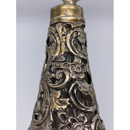 511 - SILVER FILLIGREE SHOULDERED CUT GLASS BOTTLE AND STOPPER