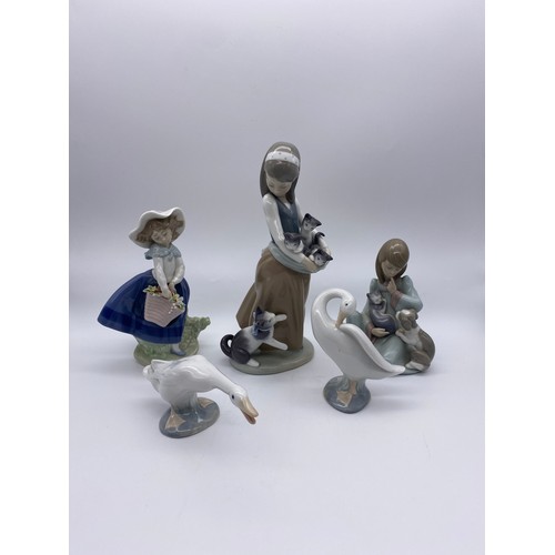 261 - FIVE LLADRO PORCELAIN FIGURE GROUPS INC. FOLLOWING HER AND GEESE