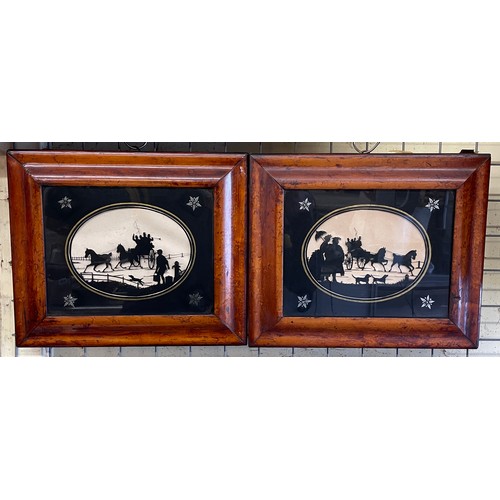 618 - PAIR OF HORSE AND CART SILHOUETTES IN BURR WALNUT FRAMES