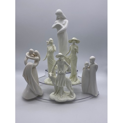 398 - ROYAL WORCESTER VOGUE COLLECTION BLANC DE CHINE FIGURES, COALPORT AND DOULTON FIGURE GROUPS