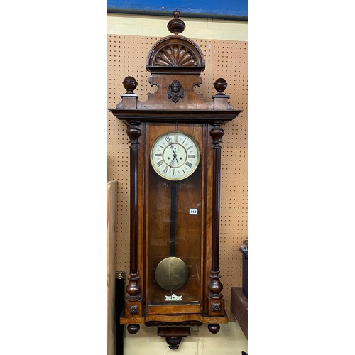 418 - 19TH CENTURY WALNUT DOUBLE WEIGHT VIENNA TYPE PENDULUM WALL CLOCK