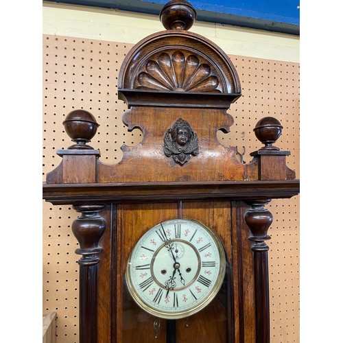 418 - 19TH CENTURY WALNUT DOUBLE WEIGHT VIENNA TYPE PENDULUM WALL CLOCK