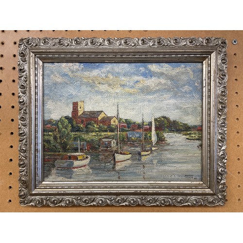 613 - OIL ON BOARD OF BOATS BY RIVERSIDE SIGNED GEORGE GROTER, 54