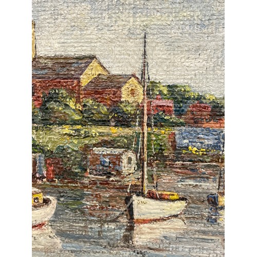 613 - OIL ON BOARD OF BOATS BY RIVERSIDE SIGNED GEORGE GROTER, 54