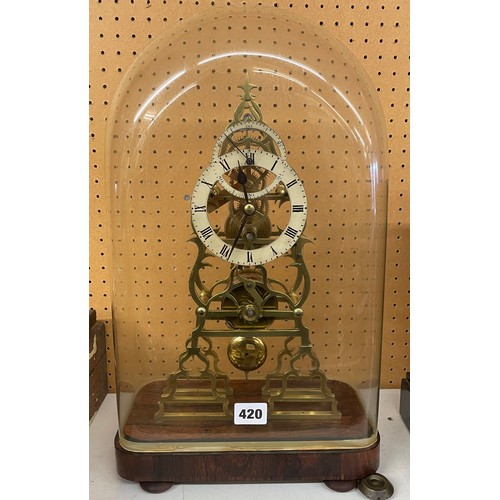 420 - BRASS SKELETON CLOCK UNDER GLASS DOME