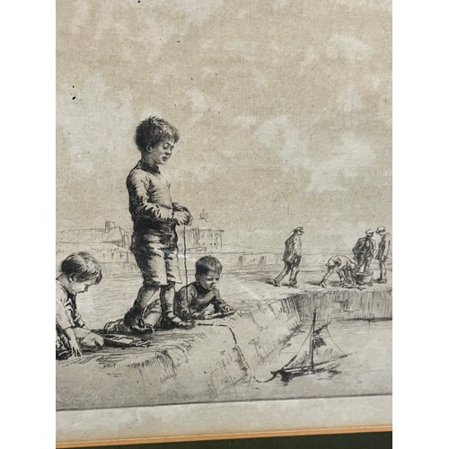 615 - SIDNEY TUSHINGHAM (1884-1968) SIGNED ETCHINGS OF ROCK POOLING AND TOY BOAT (2) F/G