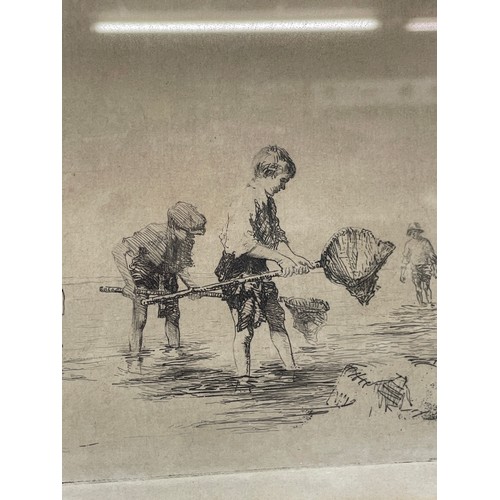 615 - SIDNEY TUSHINGHAM (1884-1968) SIGNED ETCHINGS OF ROCK POOLING AND TOY BOAT (2) F/G