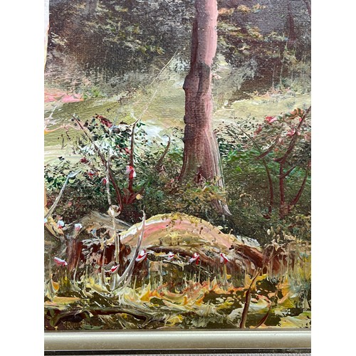 604 - OIL ON CANVAS OF RURAL LAKE MOUNTED IN GILT FRAME