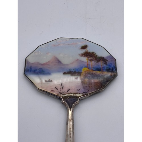 483 - SILVER AND ENAMELLED HAND PAINTED  BACKED HAND MIRROR AND BRUSH AS FOUND