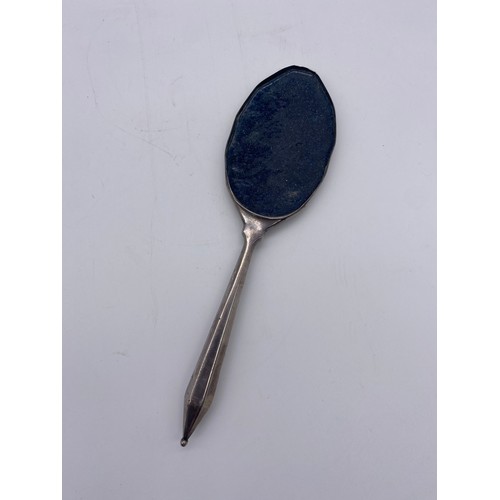 483 - SILVER AND ENAMELLED HAND PAINTED  BACKED HAND MIRROR AND BRUSH AS FOUND