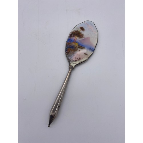 483 - SILVER AND ENAMELLED HAND PAINTED  BACKED HAND MIRROR AND BRUSH AS FOUND