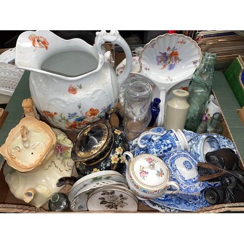 585 - CARTON CONTAINING BLUSH IVORY TEAPOT, GLASS BOTTLES, WASH JUG AND SCALLOPED SERVING DISH