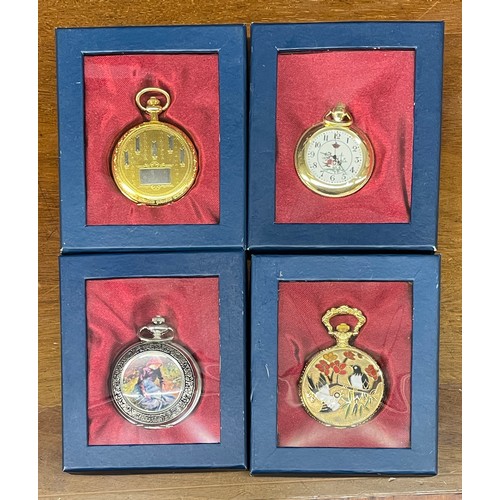 544 - THREE CASED DECORATIVE FULL HUNTER POCKET WATCHES AND AN OPEN FACED POCKET WATCH