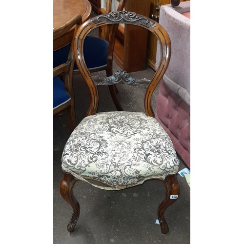 176 - VICTORIAN KIDNEY BACKED WALNUT UPHOLSTERED DINING CHAIR AND BEECH CANED BEDROOM CHAIR