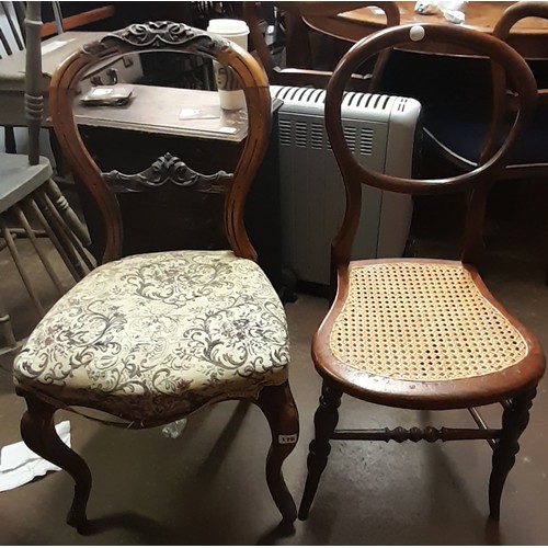 176 - VICTORIAN KIDNEY BACKED WALNUT UPHOLSTERED DINING CHAIR AND BEECH CANED BEDROOM CHAIR