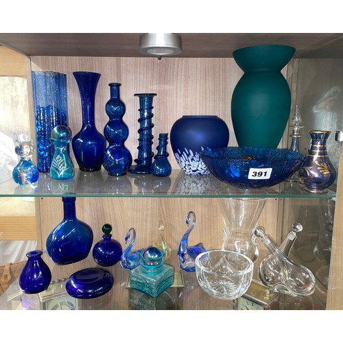 391 - SHELF OF BRISTOL BLUE COLOURED GLASSWARES, WATERFORD BOWL, VINEGAR CRUET