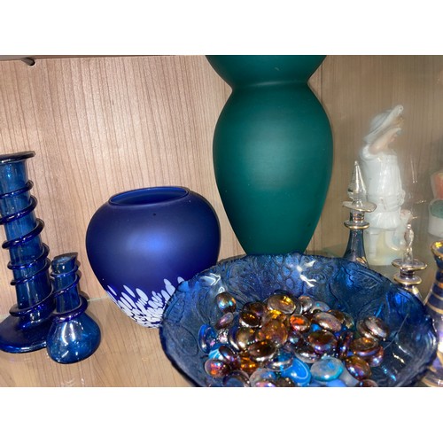 391 - SHELF OF BRISTOL BLUE COLOURED GLASSWARES, WATERFORD BOWL, VINEGAR CRUET