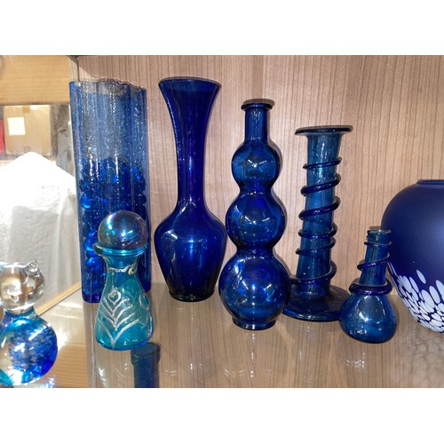 391 - SHELF OF BRISTOL BLUE COLOURED GLASSWARES, WATERFORD BOWL, VINEGAR CRUET