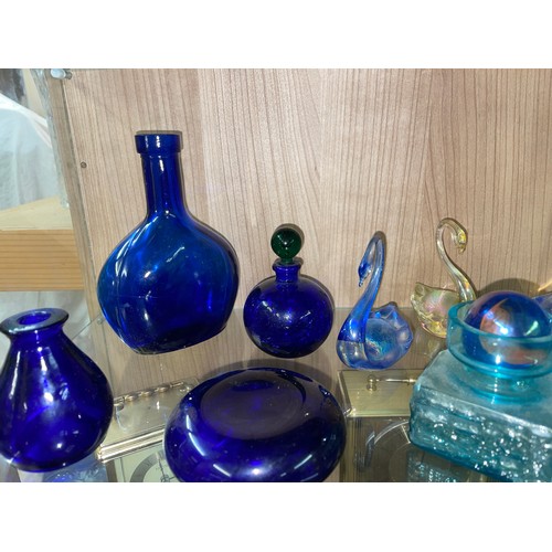 391 - SHELF OF BRISTOL BLUE COLOURED GLASSWARES, WATERFORD BOWL, VINEGAR CRUET