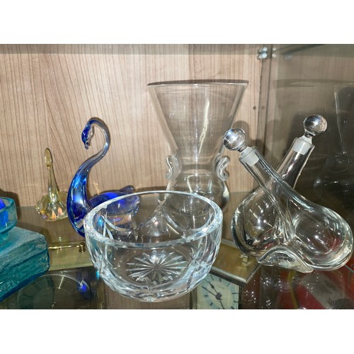 391 - SHELF OF BRISTOL BLUE COLOURED GLASSWARES, WATERFORD BOWL, VINEGAR CRUET