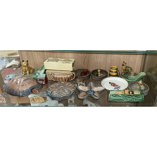 394 - FOUR TRAYS OF WADE WHIMSIES, AND SHELF OF WADE ITEMS - PIPE HOLDER, TRINKET BOX AND PIN DISH