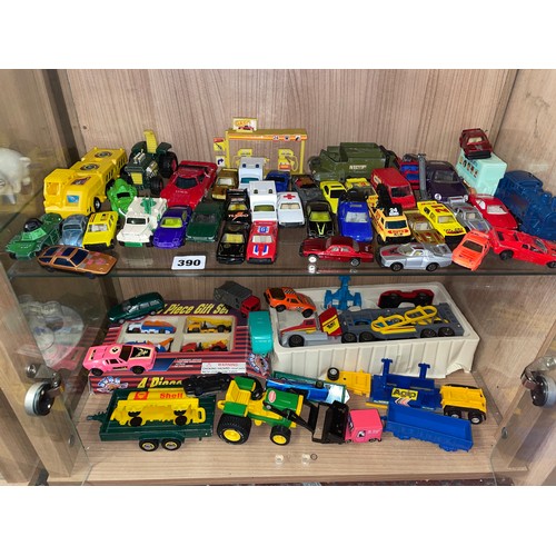 390 - TWO SHELVES OF PLAYWORN DIECAST MODEL CARS, CORGI, MATCHBOX