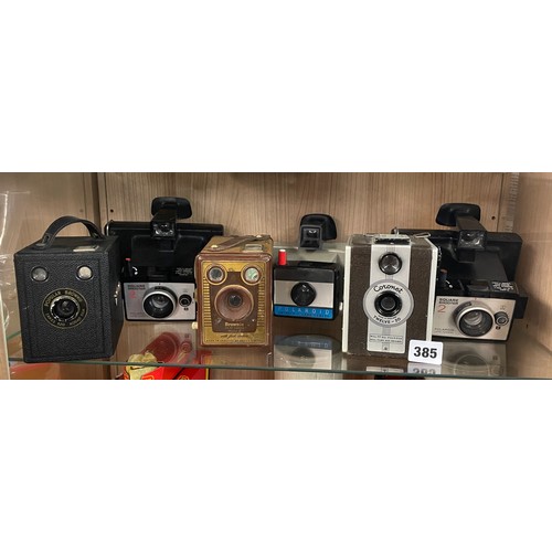 385 - TWO POLAROID SQUARE SHOOTER CAMERAS, CORONET AND KODAK BROWNIE BOX CAMERAS