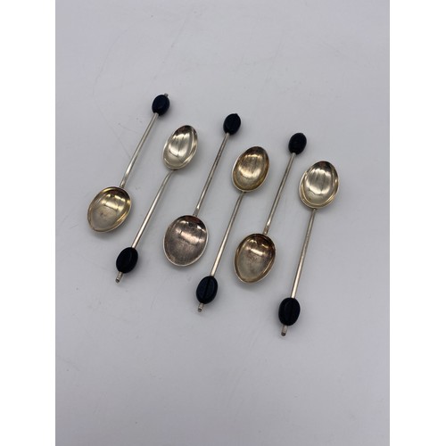 448 - SET OF SIX SILVER COFFEE FINIAL TEASPOONS AND SILVER BLADED AND HANDLED CAKE KNIFE