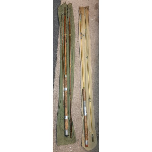 230 - SELECTION OF FIBRE GLASS AND SPLITCANE FISHING RODS SOME A/F