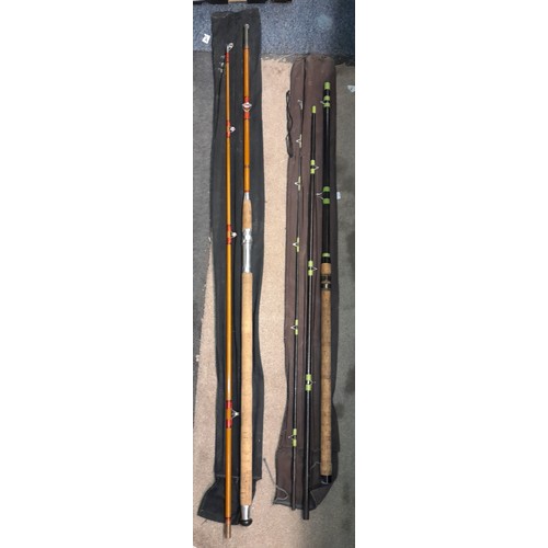 230 - SELECTION OF FIBRE GLASS AND SPLITCANE FISHING RODS SOME A/F