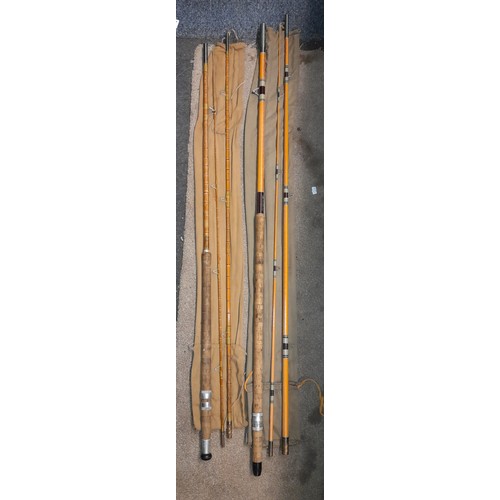 230 - SELECTION OF FIBRE GLASS AND SPLITCANE FISHING RODS SOME A/F