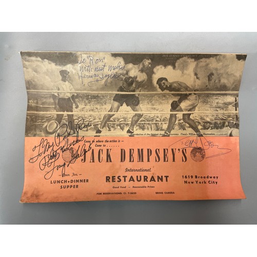 482 - JACK DEMPSYS INTERNATIONAL RESTAURANT MENU CARD WITH AUTOGRAPH SIGNATURES AND SIGNED BY HERMAN TAYLO... 