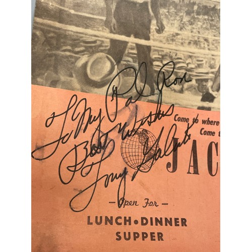 482 - JACK DEMPSYS INTERNATIONAL RESTAURANT MENU CARD WITH AUTOGRAPH SIGNATURES AND SIGNED BY HERMAN TAYLO... 