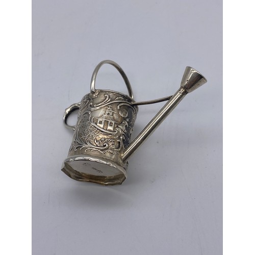 461 - CONTINENTAL 930 WHITE METAL MINIATURE NOVELTY WATERING CAN WITH CHINOISERIE SCENE BY SAMUEL BOYCE LA... 