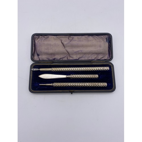 472 - CASED STERLING SILVER THREE PIECE KNIB PEN AND PROPELLING PENCIL SET