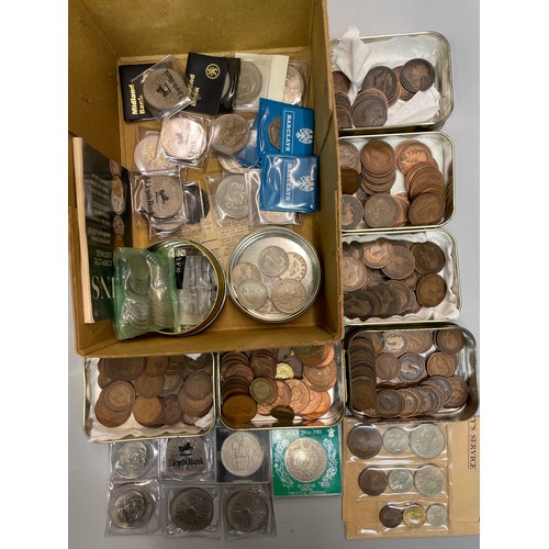 436 - BOX OF VARIOUS TINS OF GB AND PRE DECIMAL COMMEMORATIVE CROWNS