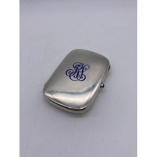 460 - CONTINENTAL WHITE METAL AND ENAMEL CIGARETTE CASE WITH BLUE STONE CABOCHON BUTTON 3.5OZ APPROX