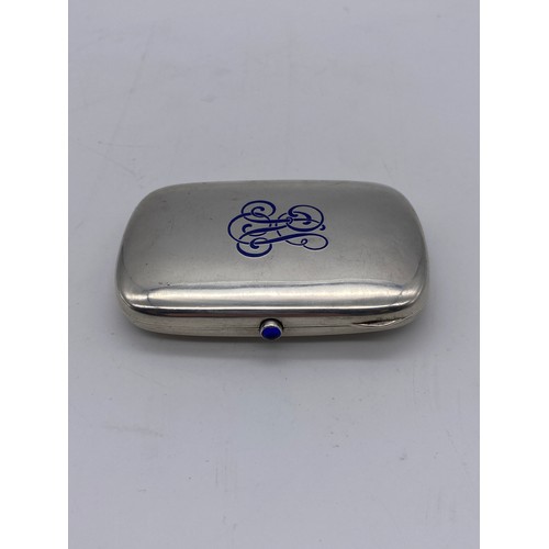 460 - CONTINENTAL WHITE METAL AND ENAMEL CIGARETTE CASE WITH BLUE STONE CABOCHON BUTTON 3.5OZ APPROX