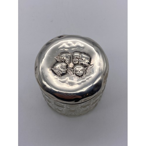 468 - BIRMINGHAM SILVER AND GLASS CHERUB DECORATED DRESSING TABLE JAR AND COVER AND BIRMINGHAM SILVER COND... 