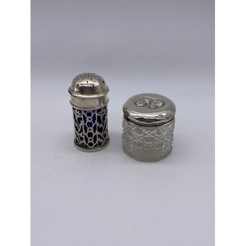 468 - BIRMINGHAM SILVER AND GLASS CHERUB DECORATED DRESSING TABLE JAR AND COVER AND BIRMINGHAM SILVER COND... 