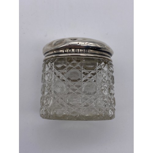 468 - BIRMINGHAM SILVER AND GLASS CHERUB DECORATED DRESSING TABLE JAR AND COVER AND BIRMINGHAM SILVER COND... 