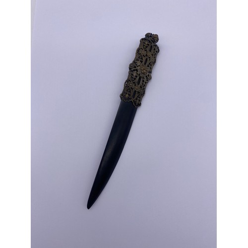 475 - EBONISED AND METAL FILIGREE WORK PAPER KNIFE