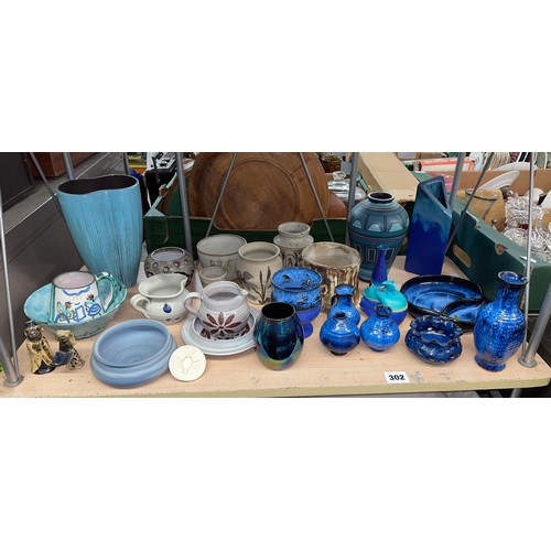 302 - SHELF OF MAINLY BLUE TONE STUDIO POTTERYWARES JUGS, BOWLS