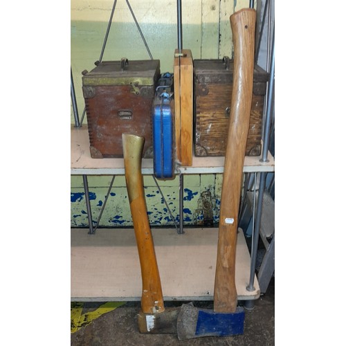 402 - AXE AND HATCHET, STANLEY FILES, SOCKET SET AND TWO WOODEN BOXES