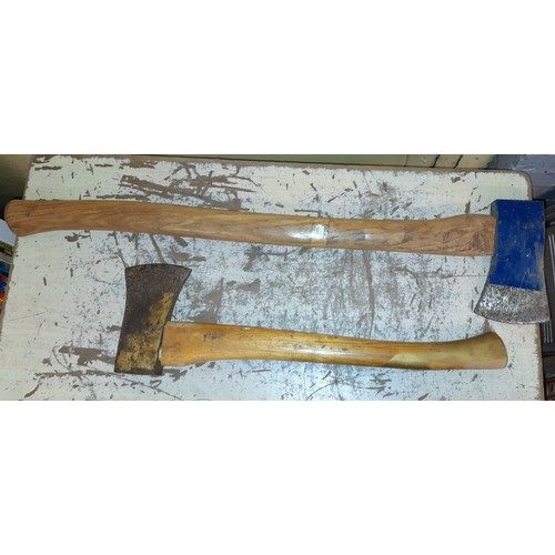 402 - AXE AND HATCHET, STANLEY FILES, SOCKET SET AND TWO WOODEN BOXES