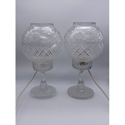 586 - PAIR OF ETCHED GLASS ELECTRIFIED HURRICANE LAMP TABLE LIGHTS