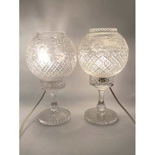 586 - PAIR OF ETCHED GLASS ELECTRIFIED HURRICANE LAMP TABLE LIGHTS