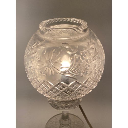 586 - PAIR OF ETCHED GLASS ELECTRIFIED HURRICANE LAMP TABLE LIGHTS