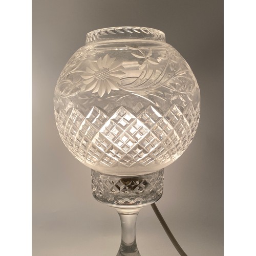 586 - PAIR OF ETCHED GLASS ELECTRIFIED HURRICANE LAMP TABLE LIGHTS